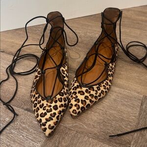 Zara Woman Calf Hair Leopard Print Lace-Up Flats